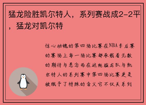 猛龙险胜凯尔特人，系列赛战成2-2平，猛龙对凯尔特