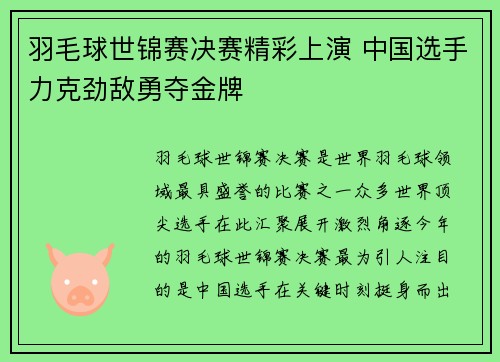 羽毛球世锦赛决赛精彩上演 中国选手力克劲敌勇夺金牌