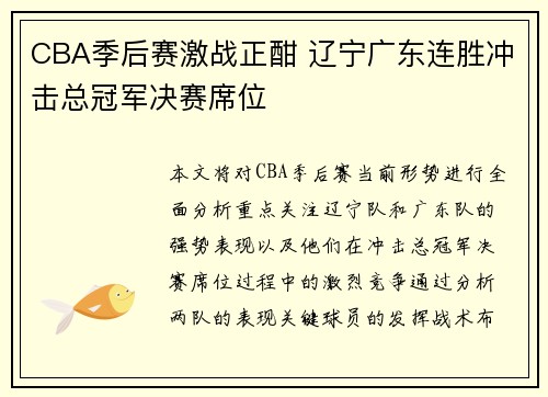 CBA季后赛激战正酣 辽宁广东连胜冲击总冠军决赛席位