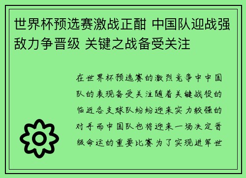 世界杯预选赛激战正酣 中国队迎战强敌力争晋级 关键之战备受关注